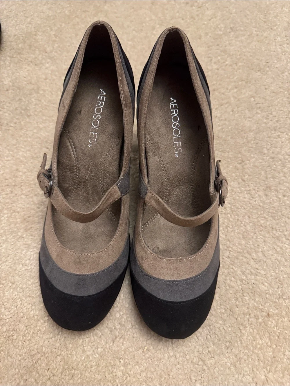 AEROSOLES Tri-Tone Suede Mary Jane Pumps in Brown, Gray & Black